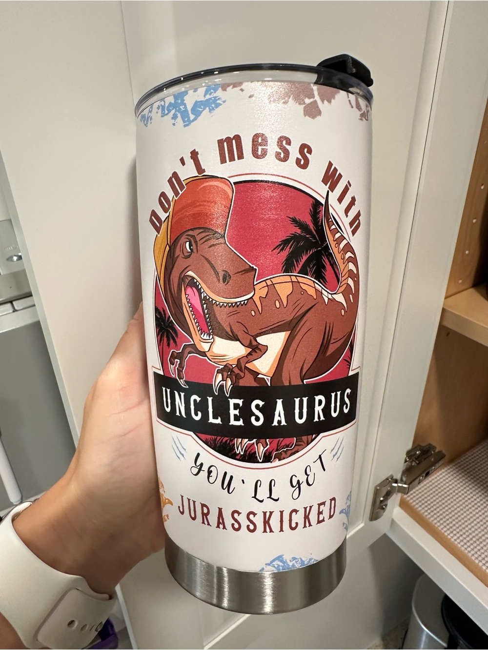 Unclesaurus Stainless Steel Travel Tumbler - White with Red Dinosaur Graphic